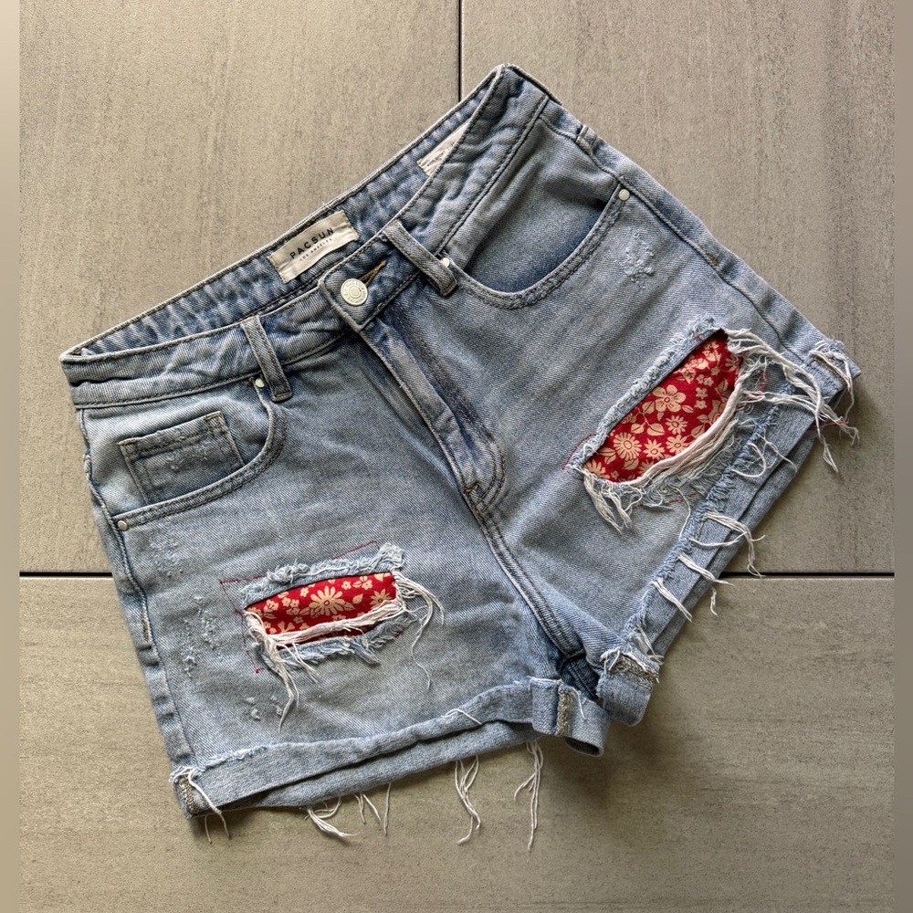 Pacsun Blue Jean Mom Shorts with Distressed and red flower details